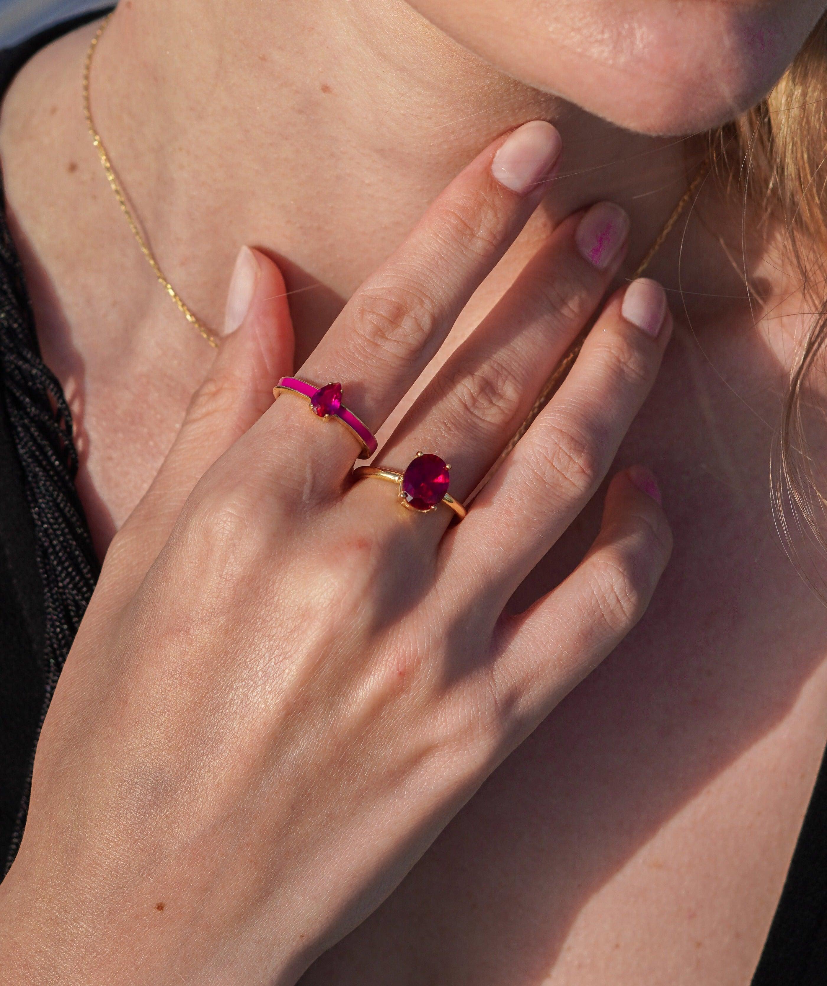 Karosh Yakut Renk Oval Taşlı Tektaş Yüzük - Karosh