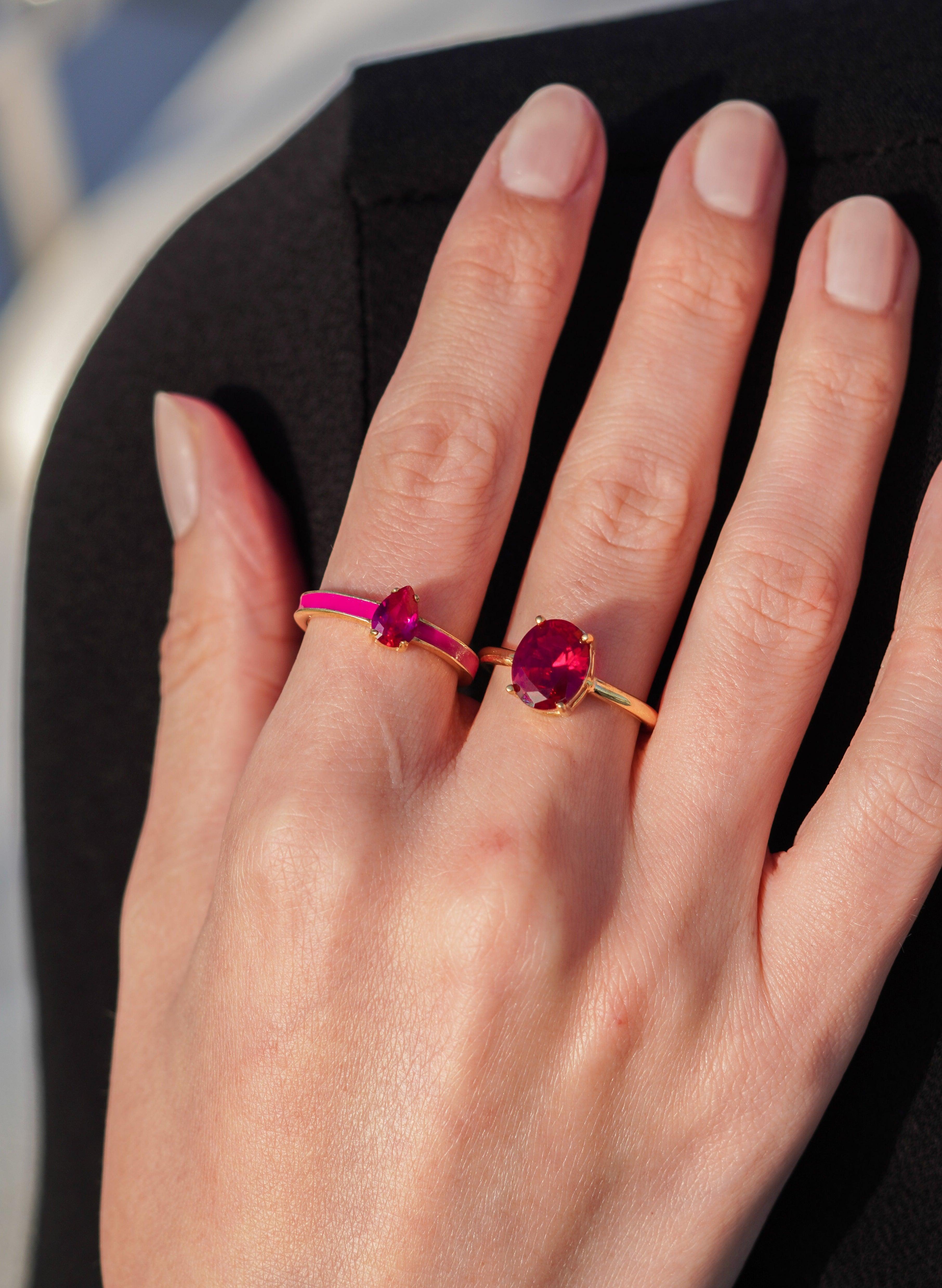 Karosh Yakut Renk Oval Taşlı Tektaş Yüzük - Karosh