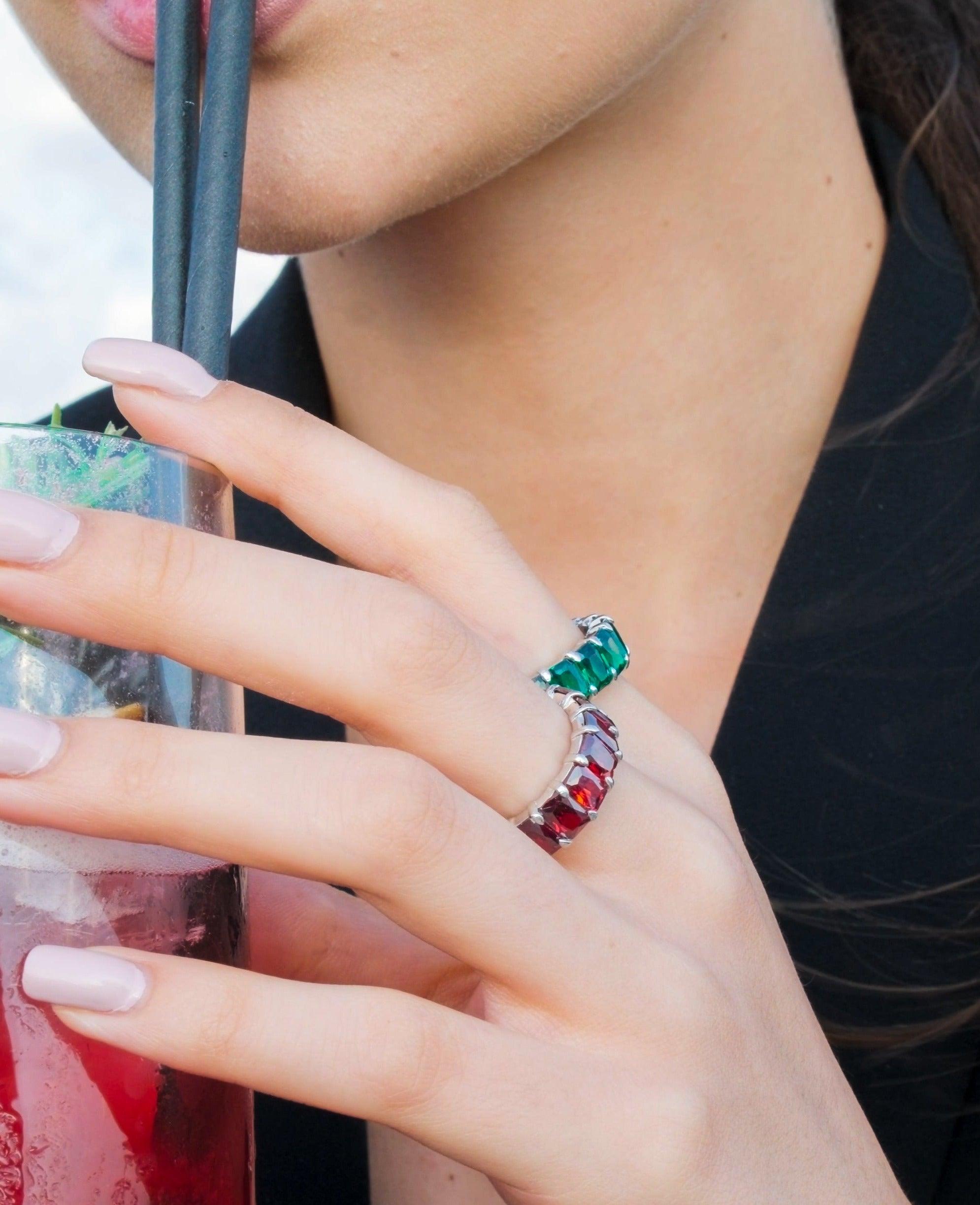 Karosh Zümrüt Renk Baget Taşlı Tamtur Yüzük - Karosh